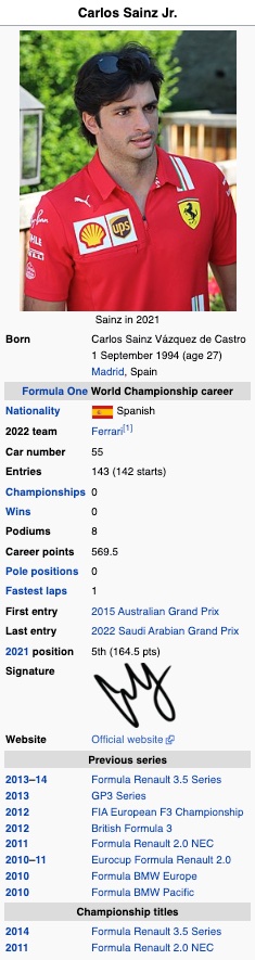 Carlos Sainz bio with image of him and important stats listed